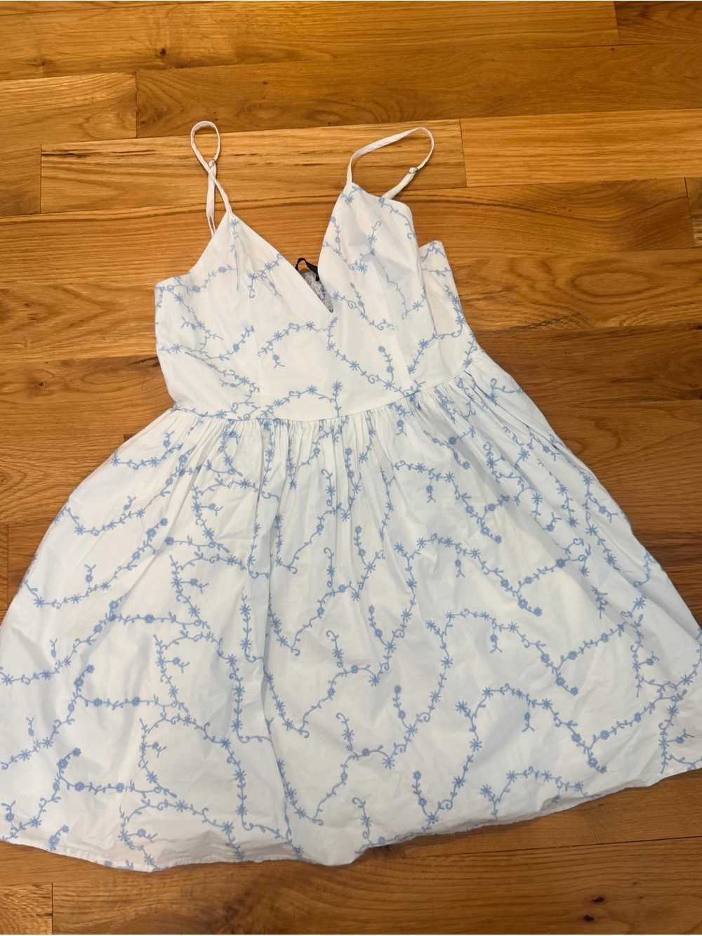 Zara Embroidered Poplin Dress White Blue V-neck Sundress Smocked NWT